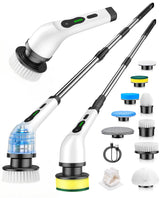 Electric Spin Scrubber, Cordless Power Cleaning Brush with 9 Replaceable Brush Heads, Bathroom Scrubber with Extension Arm, 2-Speed Motorized Tile Floor Scrubber for Tub, Sink, Wheel, White-ra1