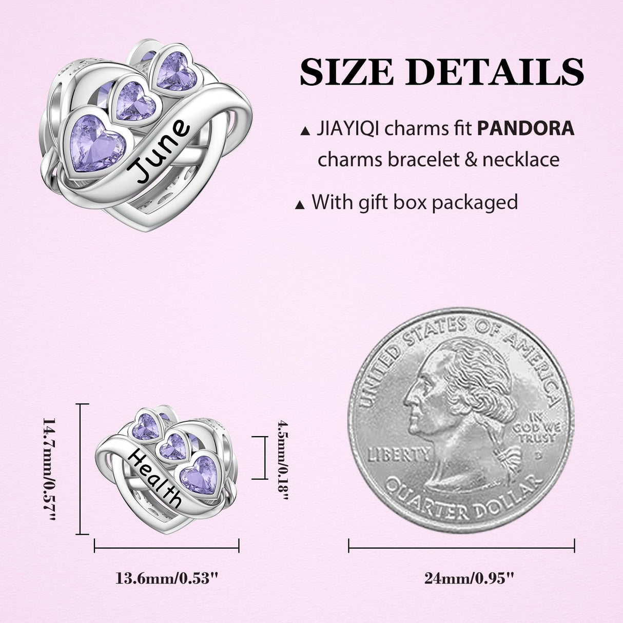 JIAYIQI Heart June Birthstone Charm for Pandora Charms Bracelet