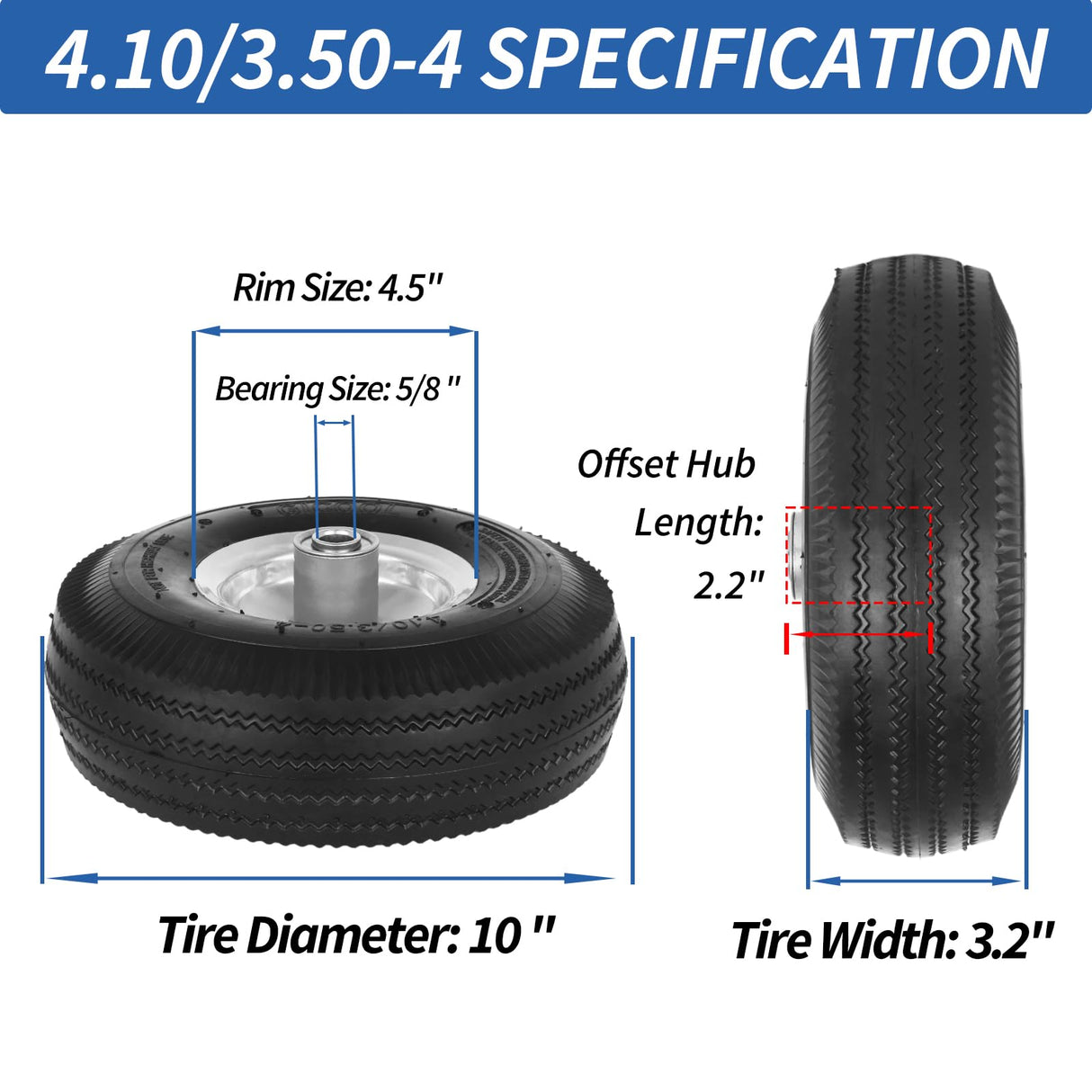 GICOOL 10" Tire and Wheel, 2 Pack, 4.10/3.50-4 Pneumatic Tire, with 2.25" Offset Hub, 5/8" Axle Bore Hole, Sealed Bearings for Hand Truck Trolley Dolly Garden Wagon Wheel Replacement