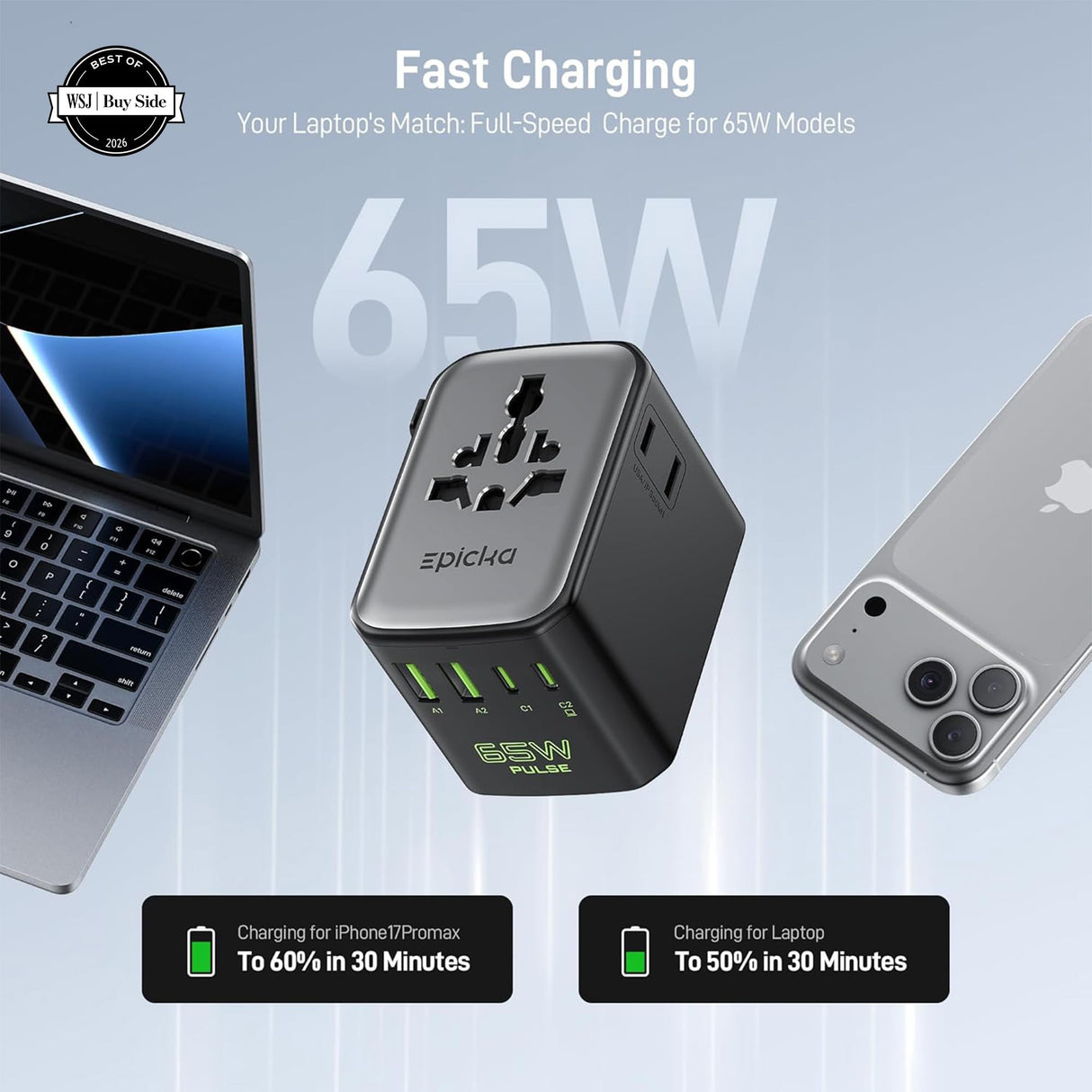 Epicka Pulse Duo 65W Universal Travel Adapter, International Power Adapter with PD & QC 3.0 Fast Charging for 2 Devices Simultaneously, European Travel Plug Adapter, Travel Essentials (Black)