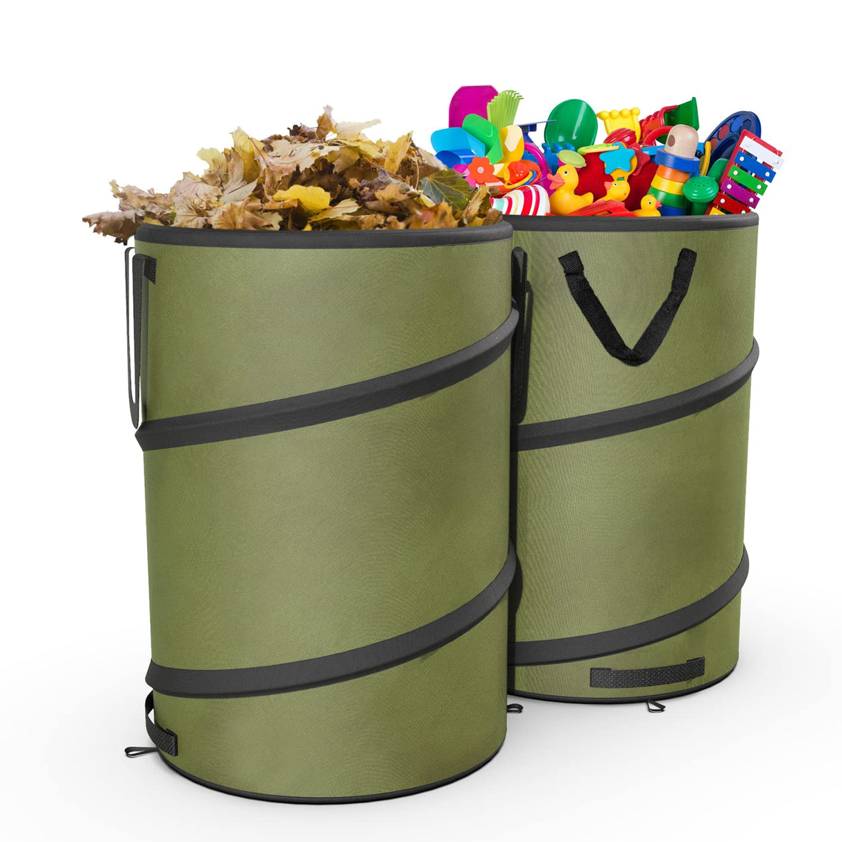 Sprinia 2-Pack 30 Gallon Collapsible Pop-Up Trash Can for Camping, RV - Waste Yard Bag for Gardening Lawn/Leaf - 30 Gallon Each Bag, Green