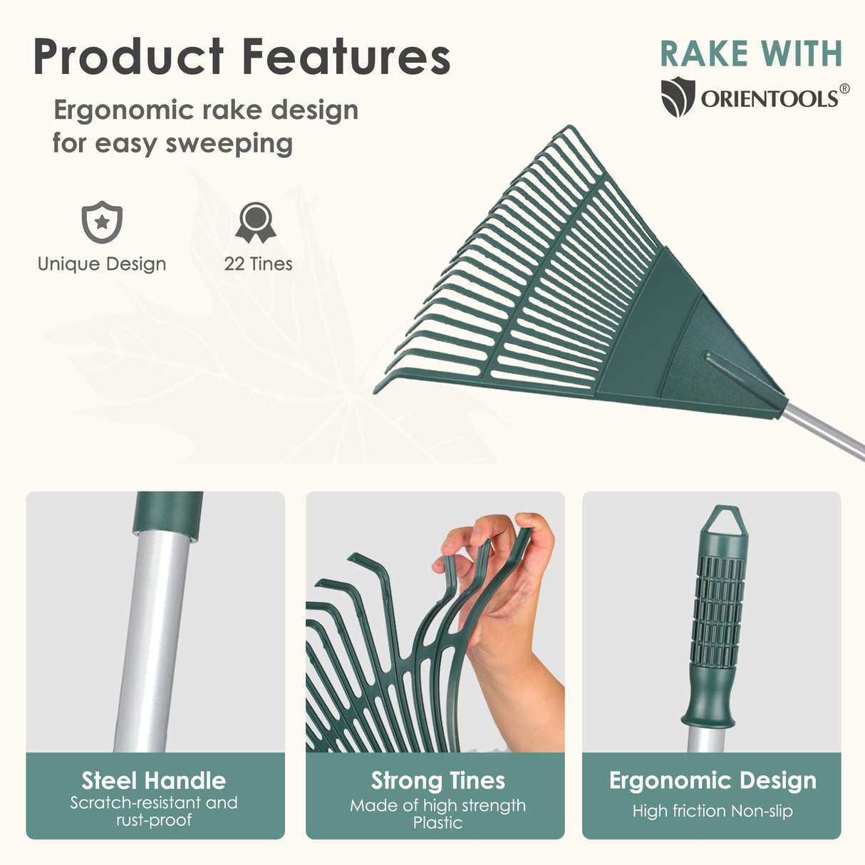 ORIENTOOLS 69" Adjustable Leaf Rake with 5-Section Handle, 26-Tine Durable Plastic Head, Dual-Use Design Converts to Leaf Scoops, Lightweight Yard Rake for Lawns, Grass, Shrubs & Garden (Foldable)