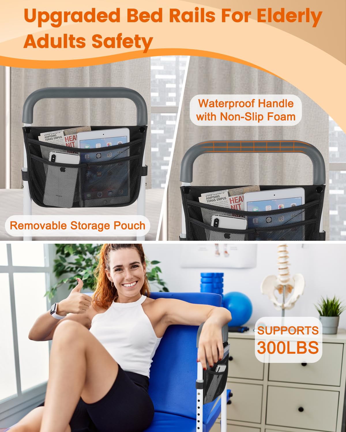 Bed Rails for Elderly Adults Safety - Adjustable Bed Assist Rail for Seniors - Stable Bed Side Rails Handle Support Bar Bed Guard Rails with Storage Bag & Fixing Strap, Fit King Queen Full Twin Bed