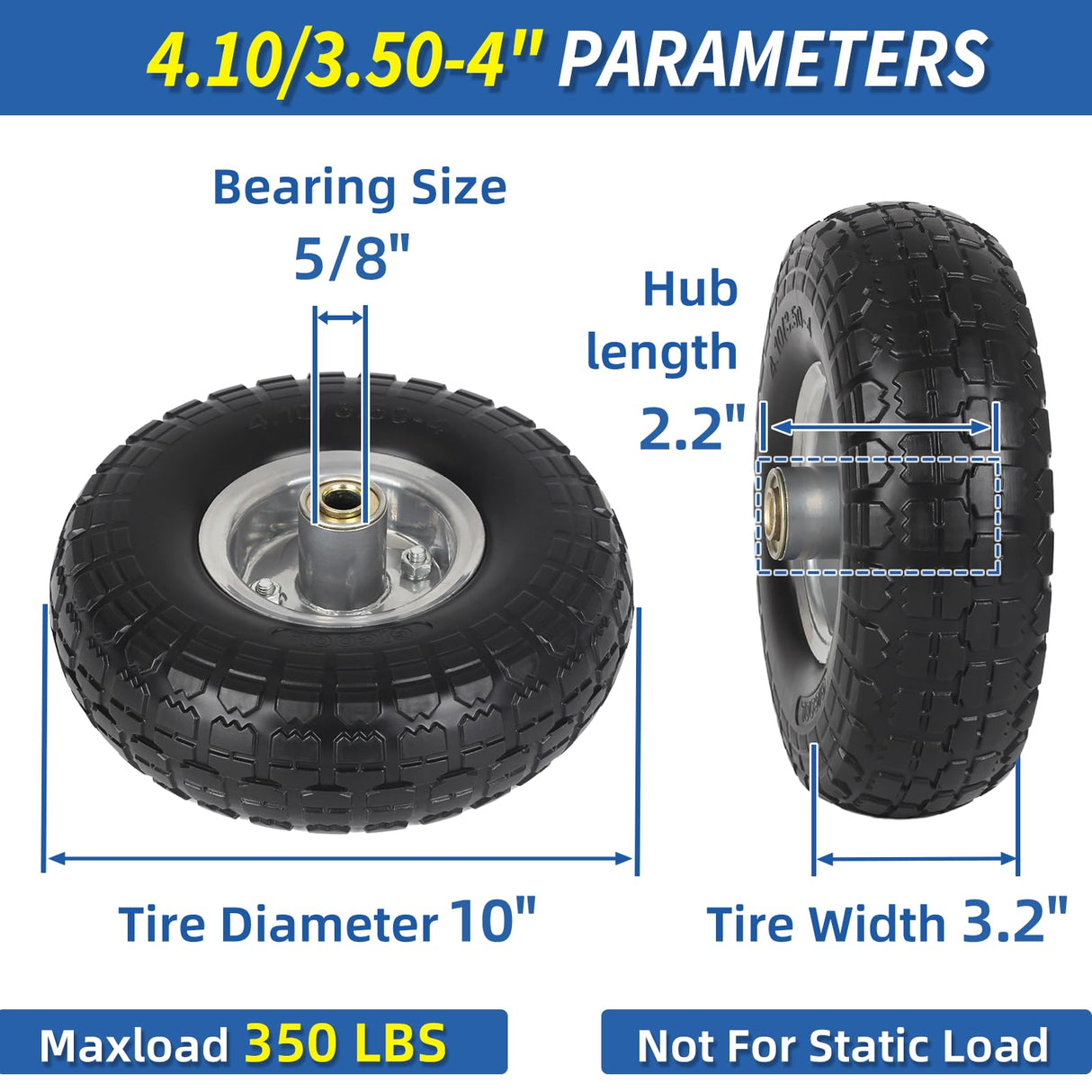 GICOOL 4.10/3.50-4" Flat Free Tire and Wheel, 10" Heavy Duty Solid Tire, 5/8" Axle Bore Hole, 2.2" Offset Hub, for Hand Truck Garden Cart Wagon Trolley Dolly, 2 Pack