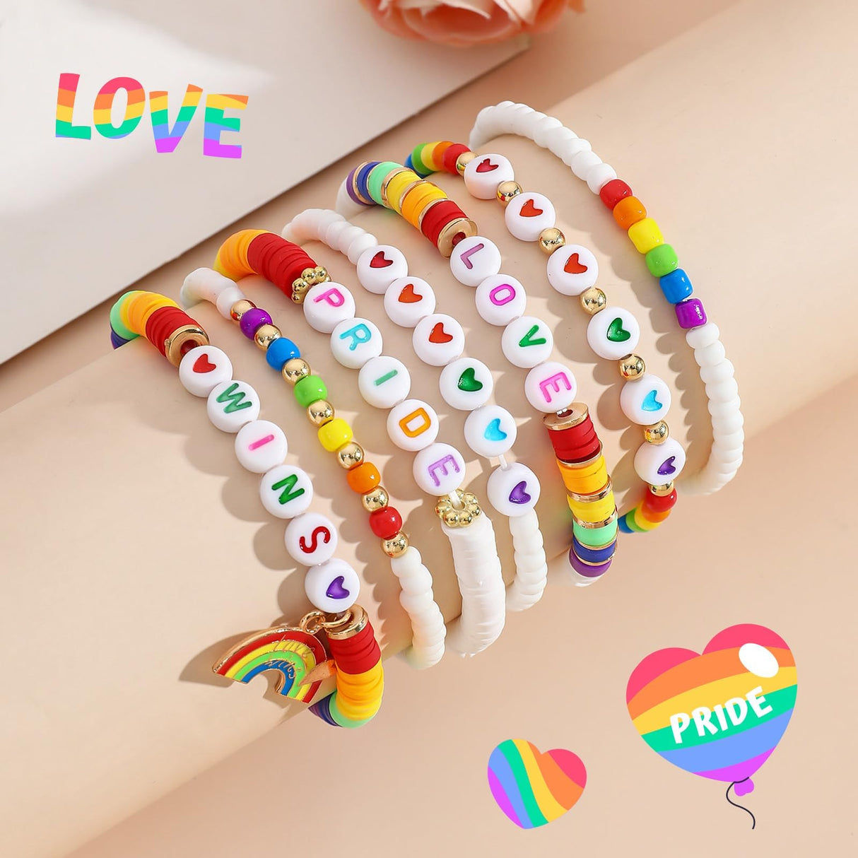 Artlunar LGBT Pride Bracelet for Bisexual Lesbian Gay& Allies Pride Love Wins Rainbow Colorful Beaded Clay Elastic Stackable Stretch Bracelet LGBTQ Celebration Gifts