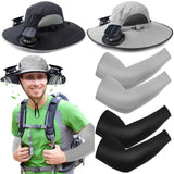 Glitopper 2 Set Wide Brim Solar Fan Hats with 2 Solar Fan and Arm Sleeves Set Outdoor Fishing Bucket Hat for Men Women Hiking(Black and Light Gray,Simplicity)