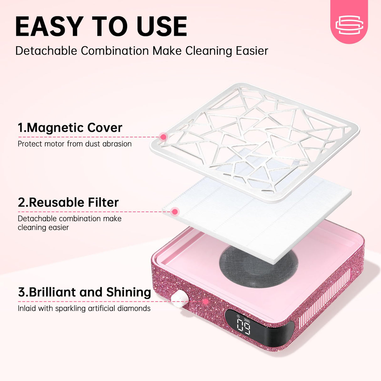 CHRISTINE SHELLY Nail Dust Collector, Powerful Vacuum Fan Vent Dust Collector Extractor Dust Suction Machine for Acrylic Nails Polishing, Nail Salon, Pink Diamond