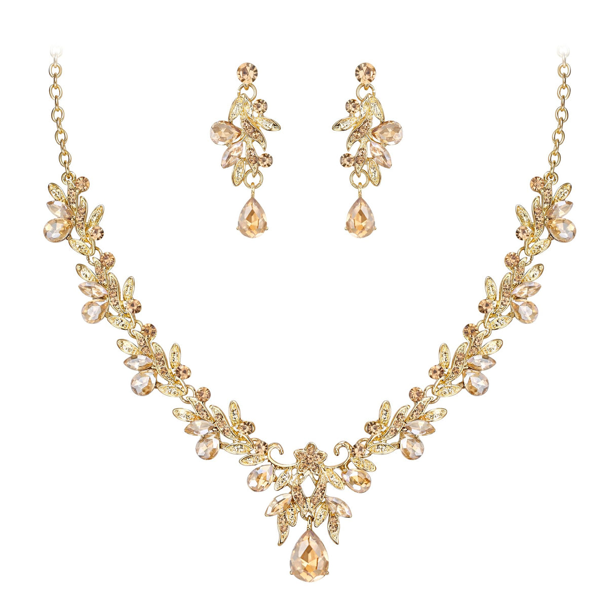 BriLove Women's Wedding Jewelry Set Leaf Flower for Bridal Prom Champagne