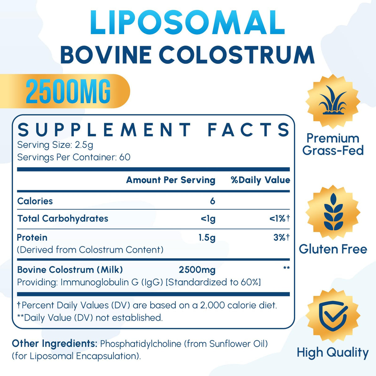 Liposomal Bovine Colostrum Powder Supplement 2500 mg, Higher Absorption Than Regular Bovine Colostrum (60 Servings)