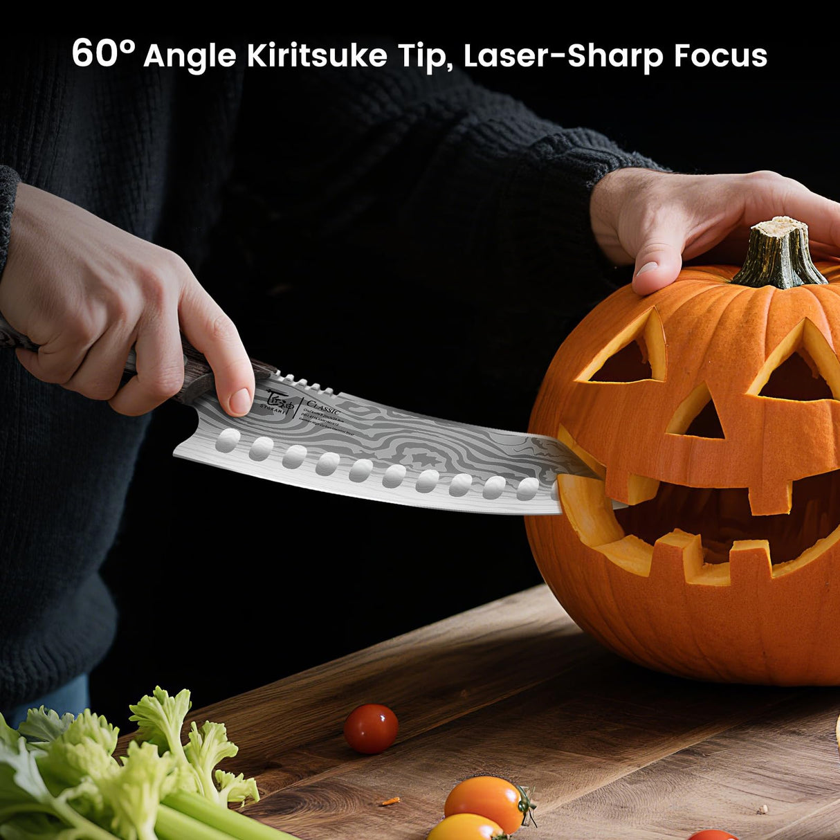 SYOKAMI Japanese Kitchen Knife, 8.2 Inch Chef Knife, Carbon Steel Kiritsuke, Razor Sharp Santoku for Precision Cutting, Damascus Pattern, Full Tang Wood Handle,Thanksgiving Christmas Cooking Gifts