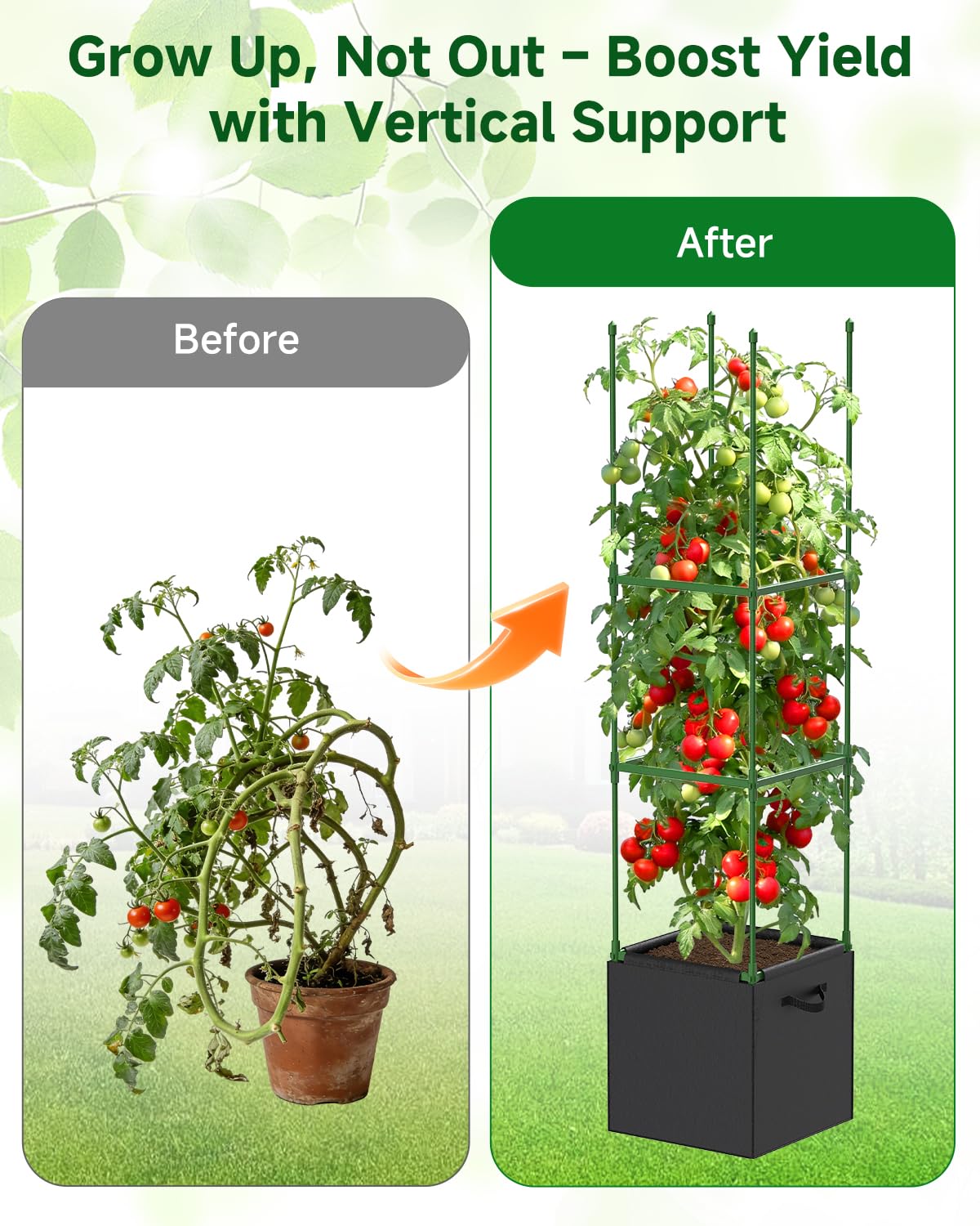 MQJIAZHI 4 Pack Square Tomato Trellis Cages 55 Inch Height, with 17 Gallon Square Grow Bags (12×12in), Heavy Duty Tomato Plant Support Stakes for Outdoor Garden Climbing Vegetables Fruits Flowers