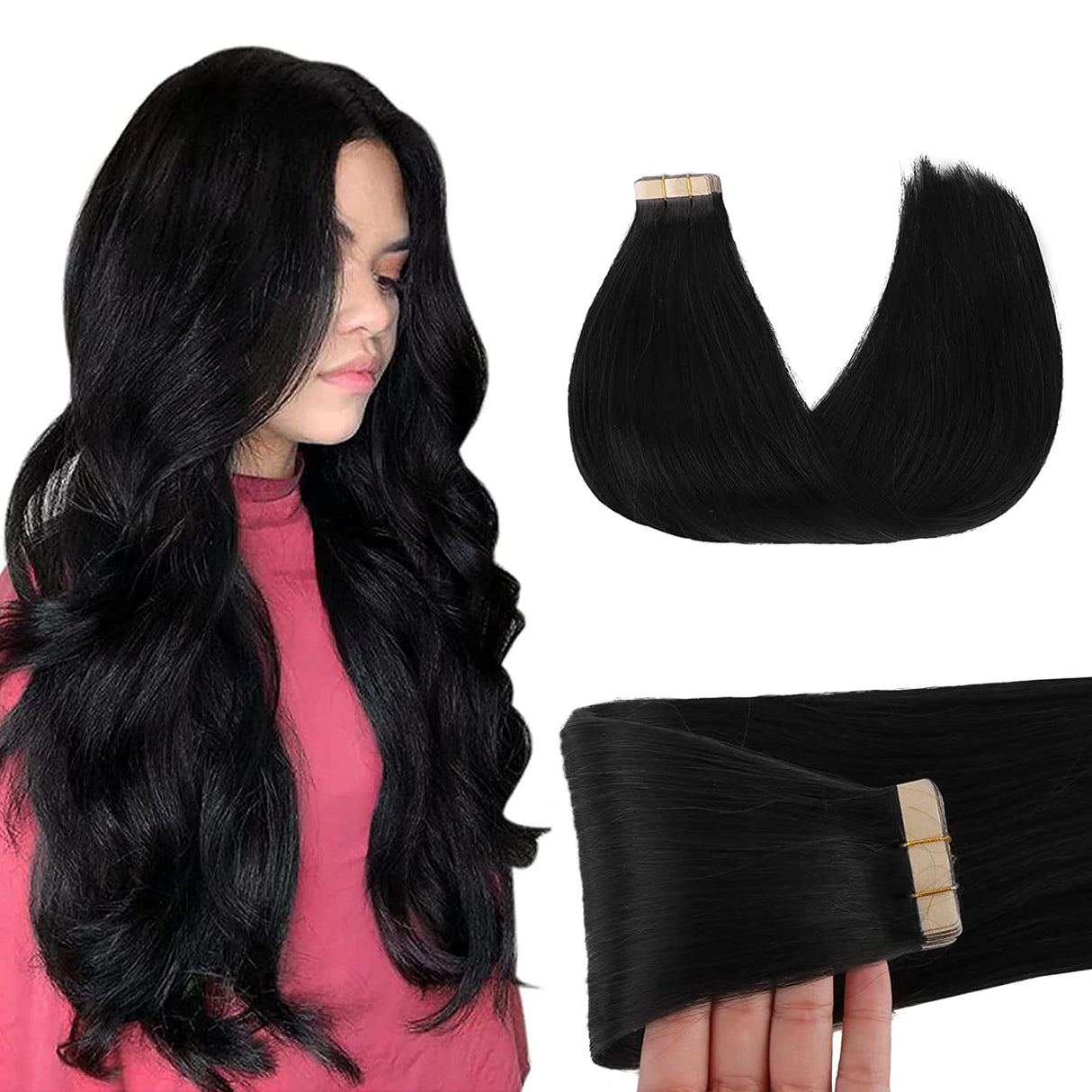 GOO GOO Tape in Hair Extensions Human Hair, 1 Jet black, 20inch 50g 20pcs, Thick Ends Straight Seamless Tape in, Invisible Tape in Hair Extensions Human Hair