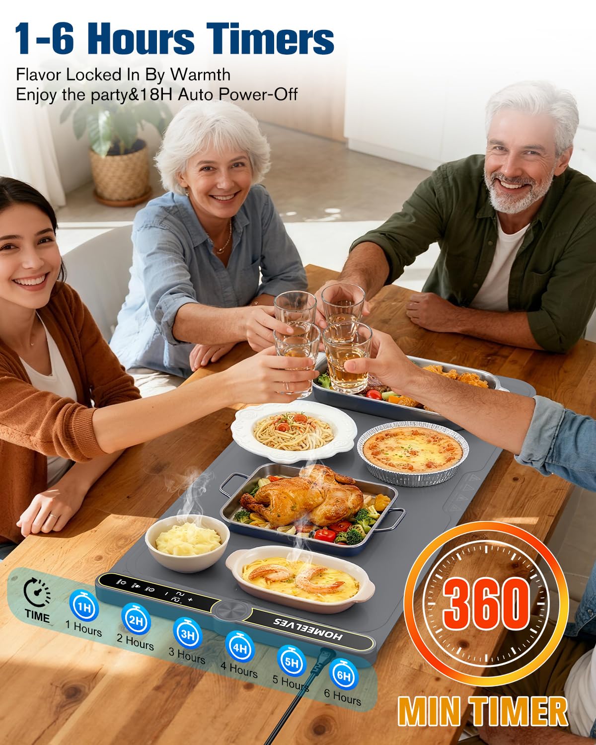 Food Warming Mat Extra Large, Rapid Heating Electric Warming Tray with 9 Temp Setting and 6 Hours Timer,Foldable Warming Trays for Food, Portable Food Warmers for Parties Buffet, Gray