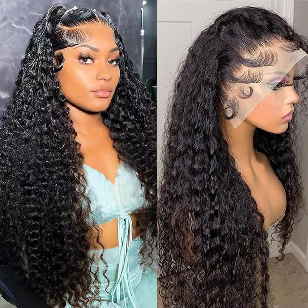 Aatifa 28 Inch Water Wave Lace Front Wigs Human Hair 13x4 HD Transparent Lace Front Human Hair Wigs for Women Deep Curly Lace Wigs Pre Plucked 180% Density Water Wave Lace Frontal Wig with Baby Hair