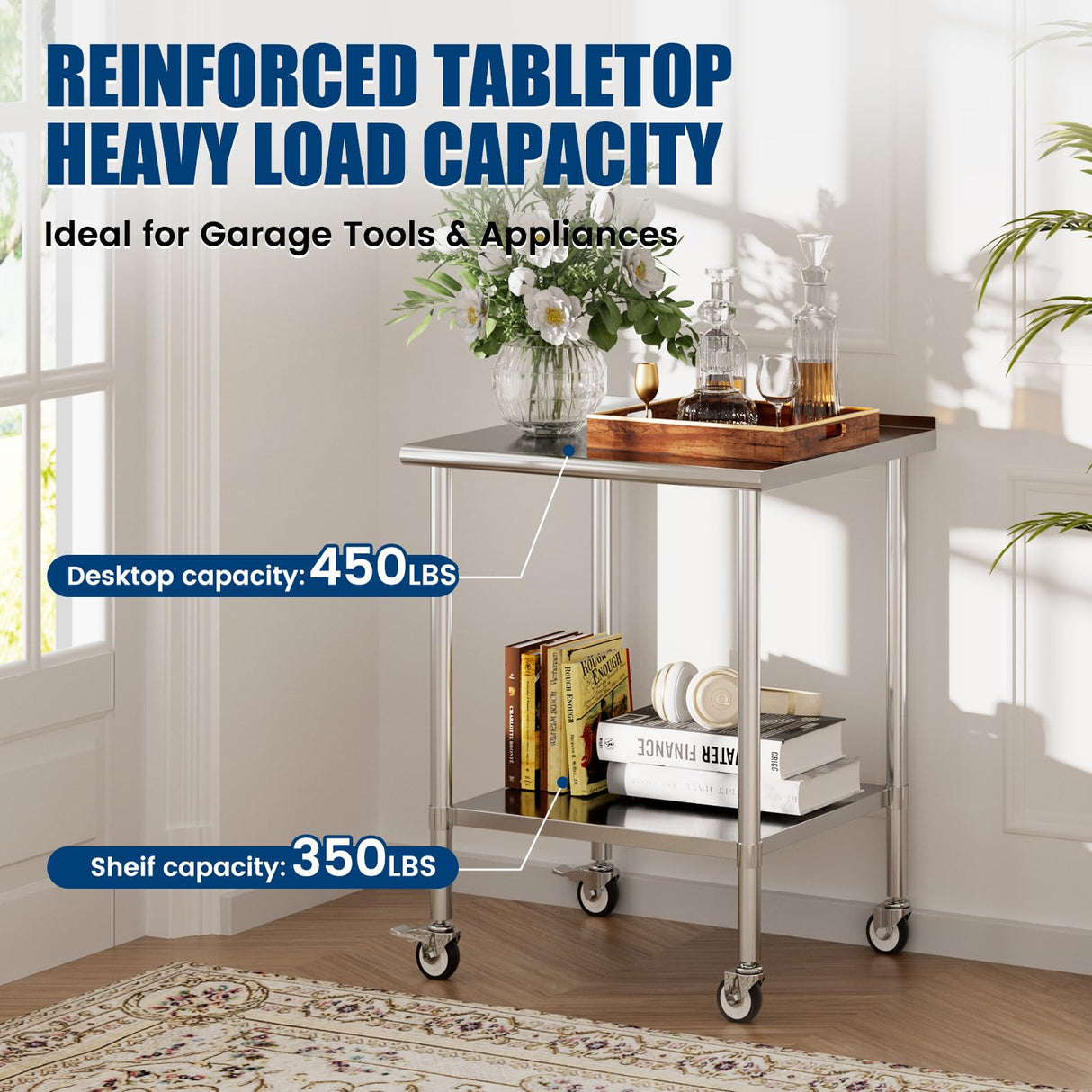 Stainless Steel Work Table with Wheels, 30x30 Inch NSF Food Prep Table with Backsplash & Adjustable Undershelf for Commercial Kitchen, Restaurant, Garage