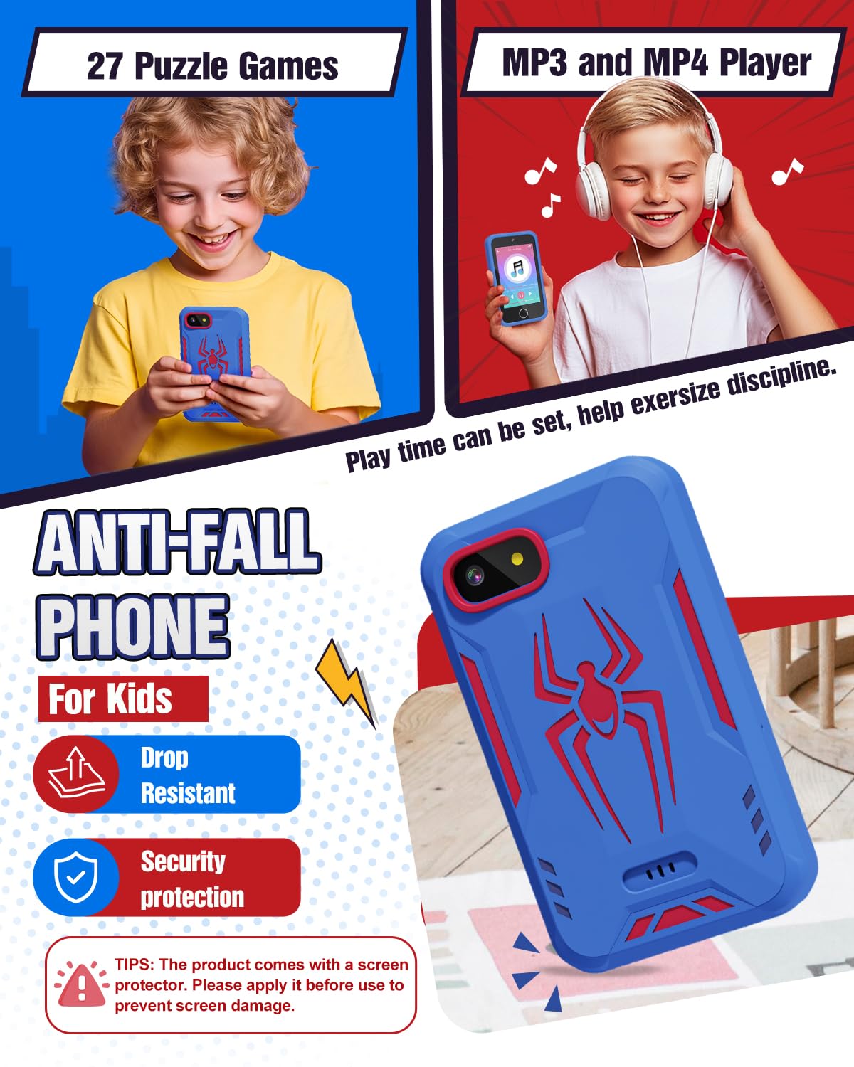Kids Smart Phone, Spider Toys Phone for Boys 3 4 5 6 7 8 Years Old, Dual Camera, 3.5'' Touchscreen Kid Phones, Educational Toy for Toddler Kids Christmas Birthday Gifts, ABC Learning, Habit Tracker