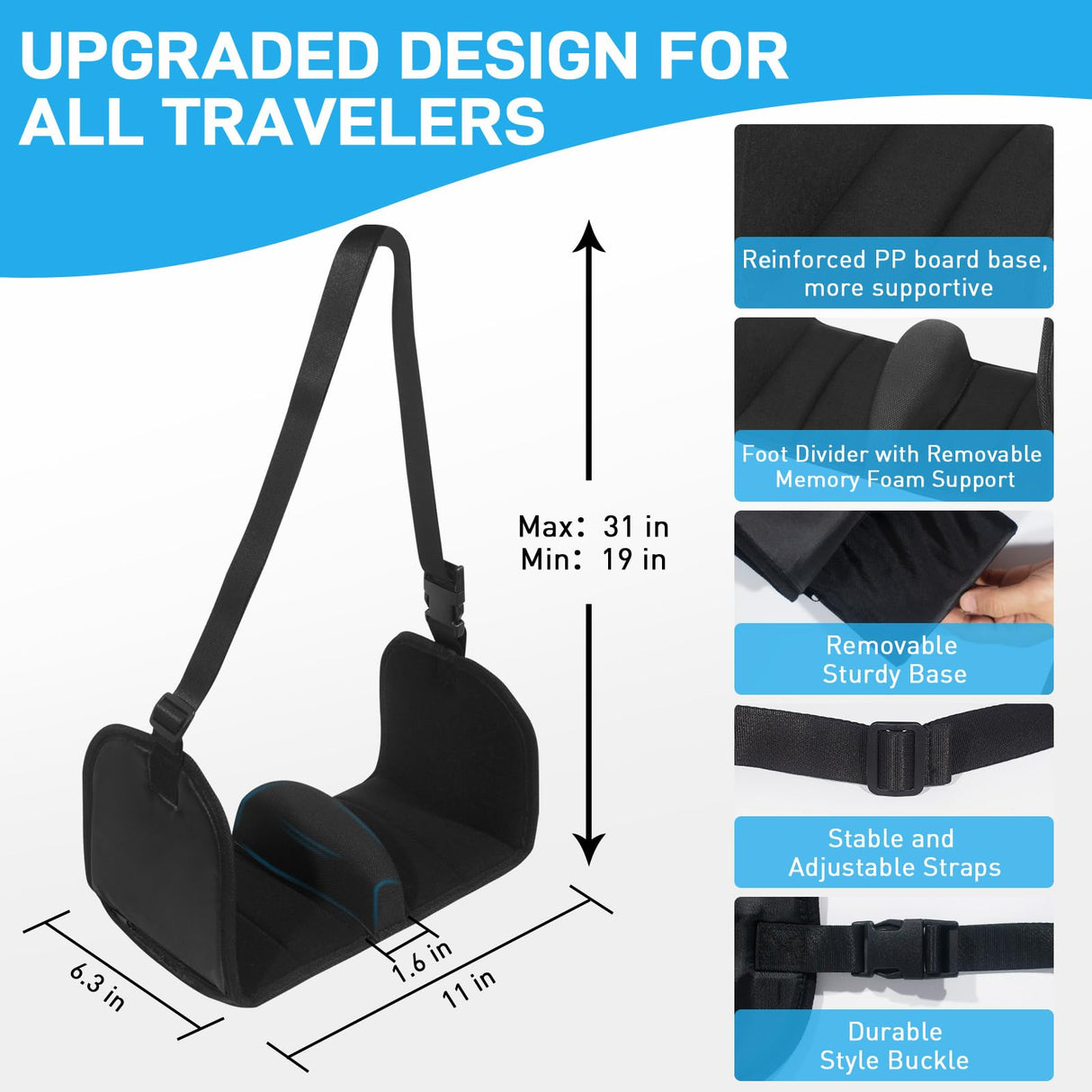 Airplane Foot Hammock, Foot Hammock for Travel Accessories with Ergonomic Removable Foot Divider Design, Airplane Foot Rest, Premium Comfortable Memory Foam & Hardboard for No Feet Clashing