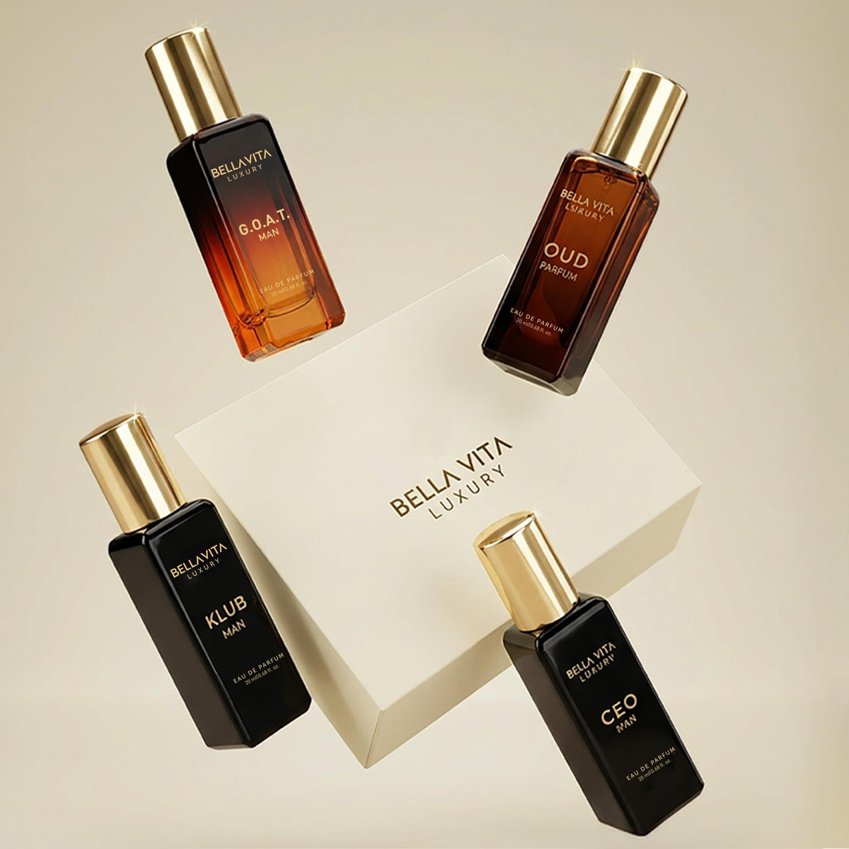 BellaVita Luxury Men's Perfume Gift Set with CEO Man, G.O.A.T., KLUB & OUD | 4 x 20ml (80ml) | Long Lasting Perfume for Men | Citrus, Woody, Patchouli & Caramel Notes