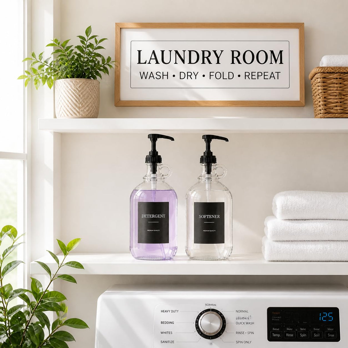 ClutterVerse 2 Pcs Glass Laundry Detergent Dispenser with Black Pump, 64 oz Each, Half Gallon Dispenser for Laundry Room, Includes Black Labels and Measuring Cups
