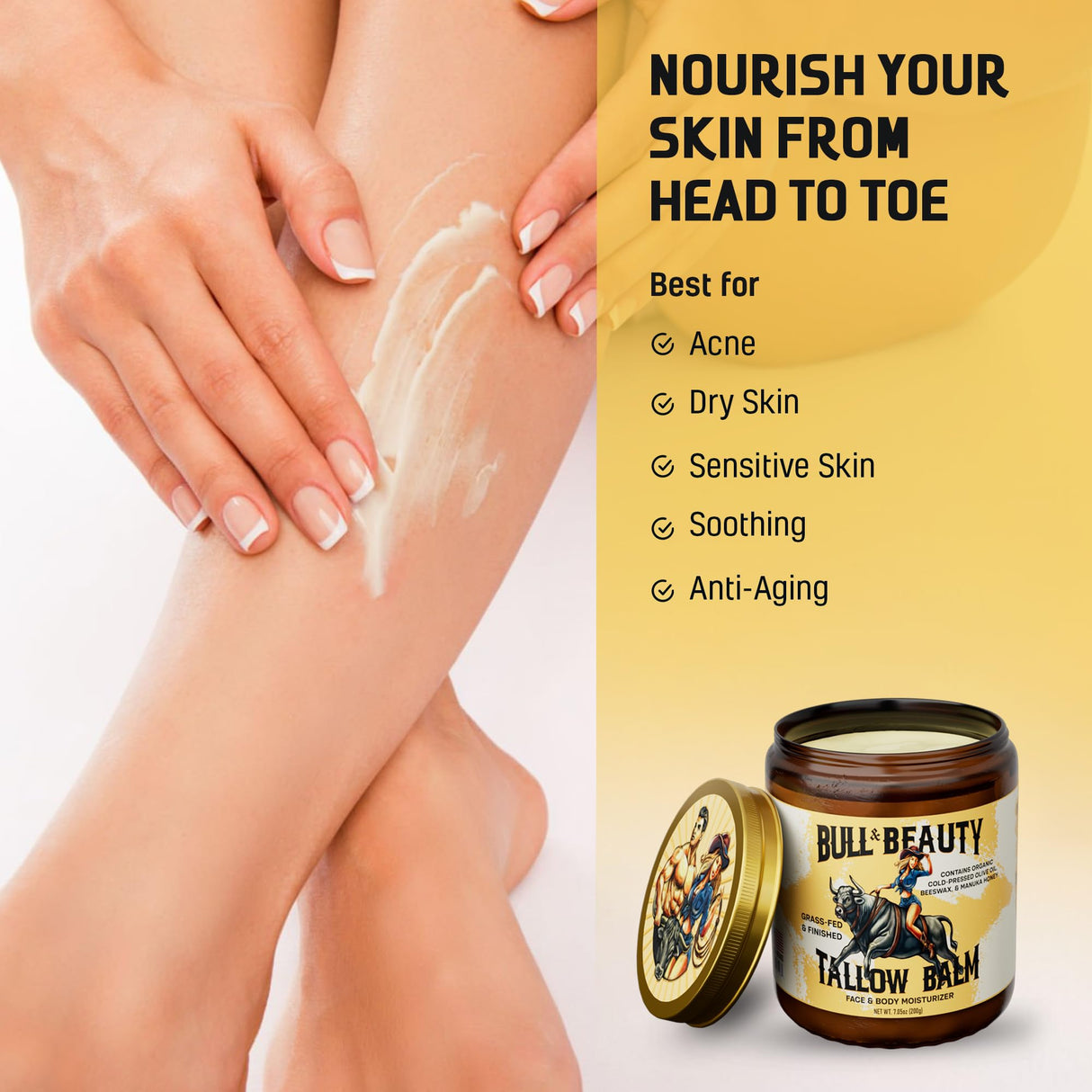 Bull & Beauty Organic Beef Tallow and Honey Balm 7.05oz Organic Beef Tallow for Skin - 100% Grass-Fed Unscented Beef Tallow Moisturizer for Skin & Face with Manuka Honey, Olive Oil & Beeswax