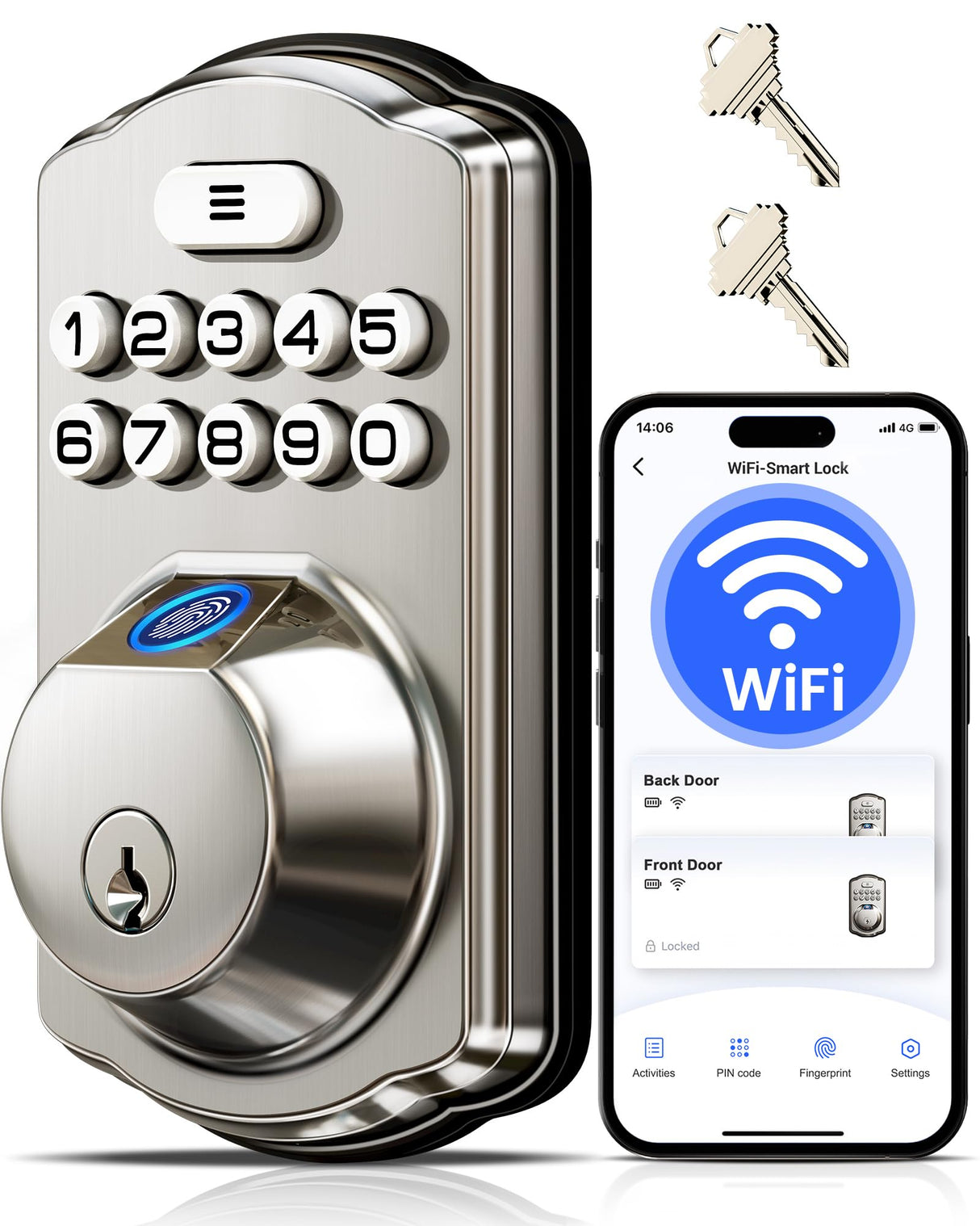 Veise VE012W Built-in WiFi Fingerprint Smart Lock, App Remote Control, Compatible with Alexa & Google Assistant, Keyless Entry for Front Door, Digital Keypad Deadbolt, Auto Lock, Satin Nickel