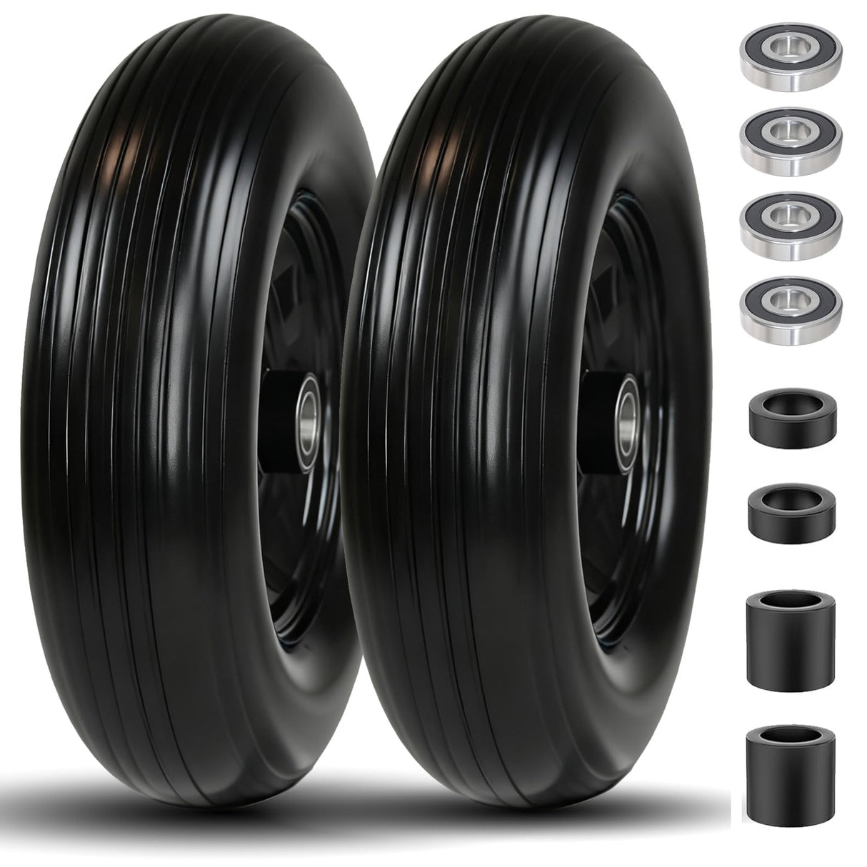 4.80/4.00-8 Solid Wheel with 1" Bore, 4.80-8 Tire with 3" Centered Hub - Complete Kit Includes Bearings & Spacers - for Wheelbarrow Log Splitter Wheel Barrel Yard Cart Garden Wagons - 2Pack