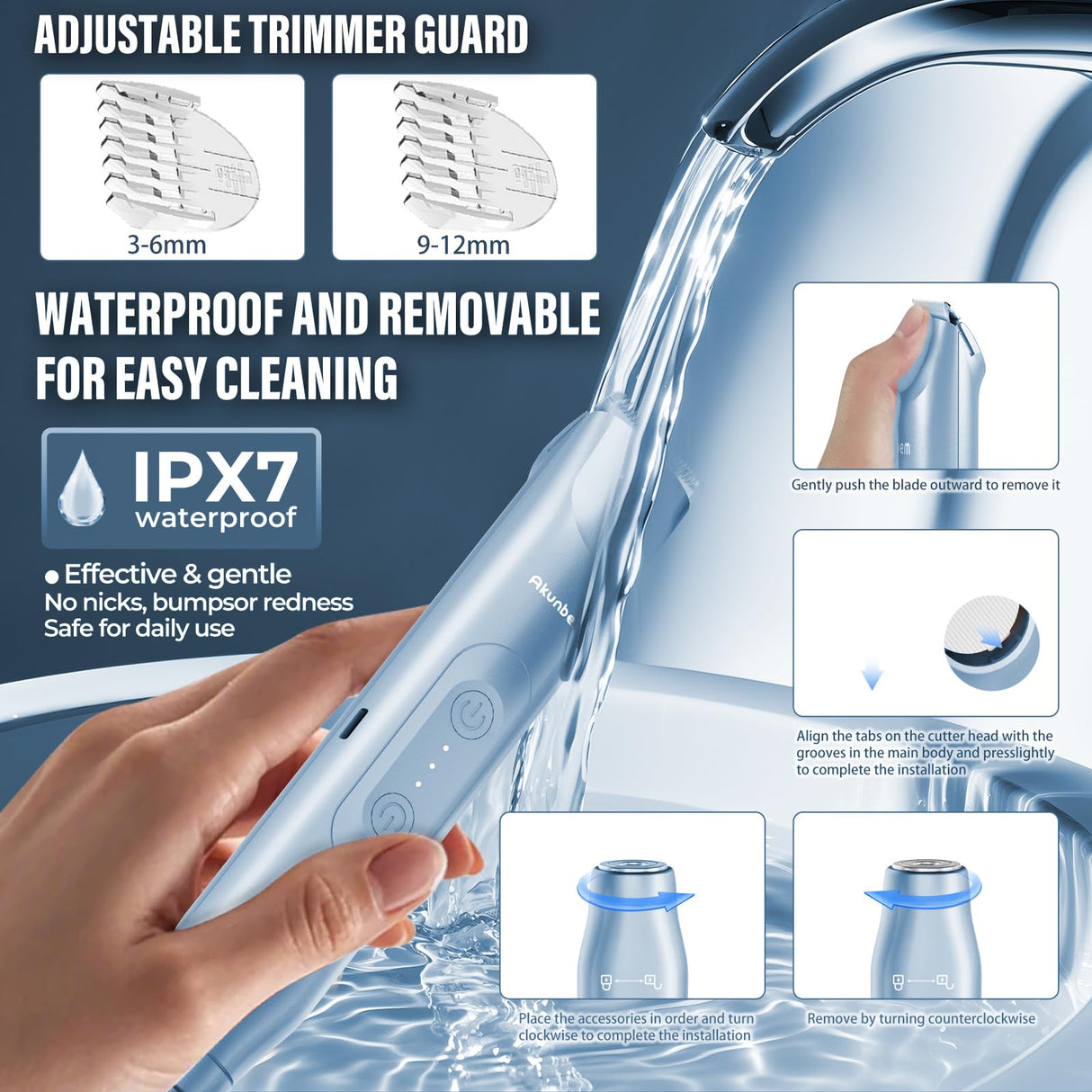 Akunbem 2 in 1 Women Electric Shaver Dual Head Bikini Trimmer for Women IPX7 Waterproof Wet & Dry Use Body Hair Trimmer and Facial Hair Remover for Bikini Underarm Leg Arm Body Face, Blue