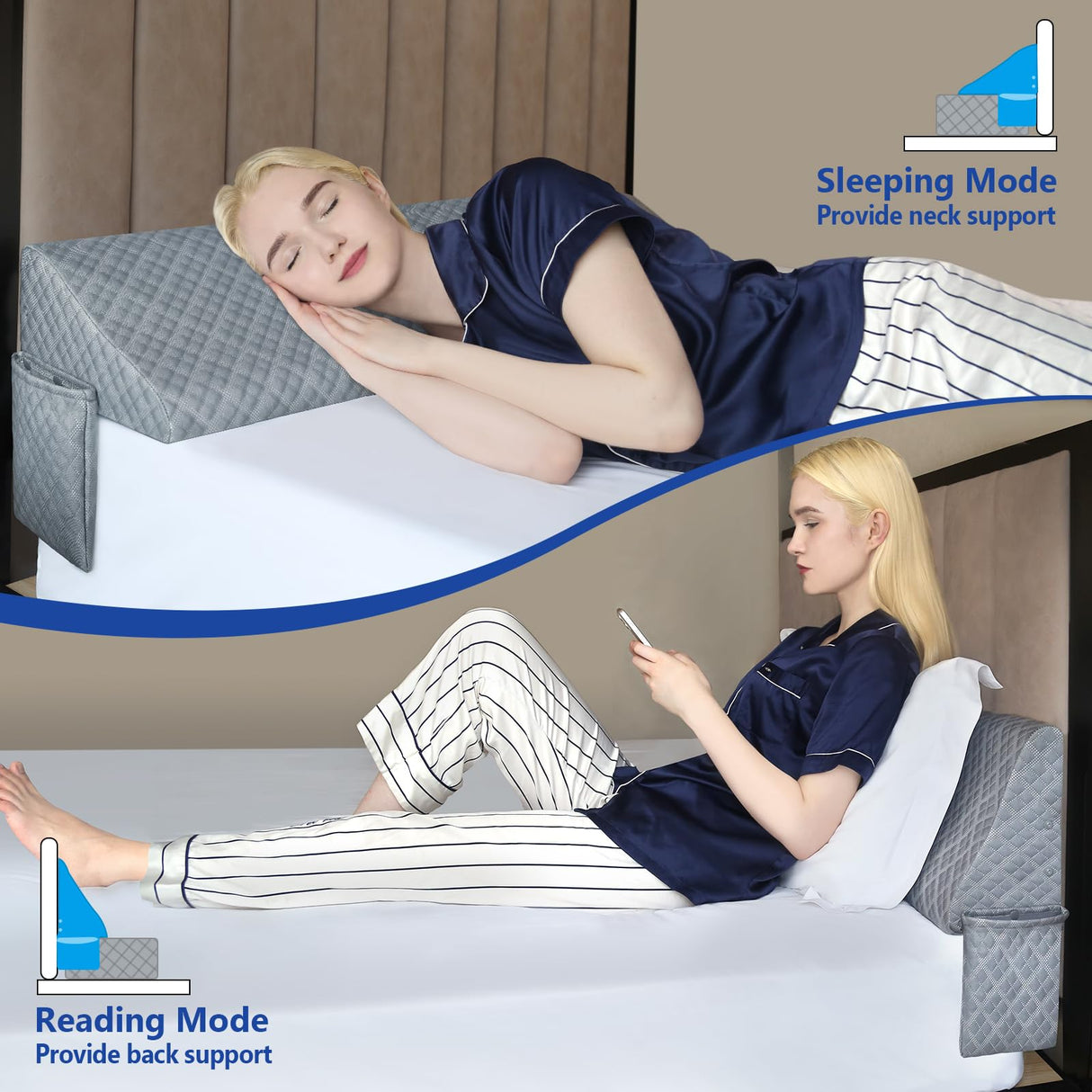Kayfia Queen Size Pillow Wedge for Headboard Gap Bed Gap Filller (0-8") Mattress Space Filler Pillow Stopper with 2 Side Pocket Triangle Foam Pillow Wedge Between Headboard Mattress(Grey, 60"x10"x6")