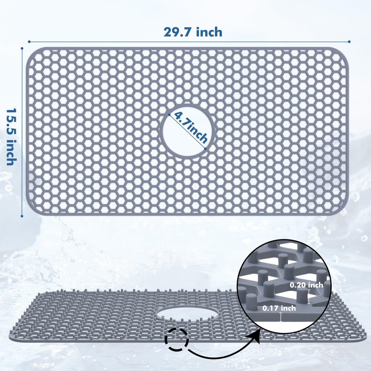 Bestjing Silicone Sink Protectors for Kitchen Sink with Center Drain - 29.7"x 15.5" Kitchen Protector Accessory, Non-Slip Heat Resistan Mat for Bottom of Farmhouse Stainless Steel Porcelain (Gray)