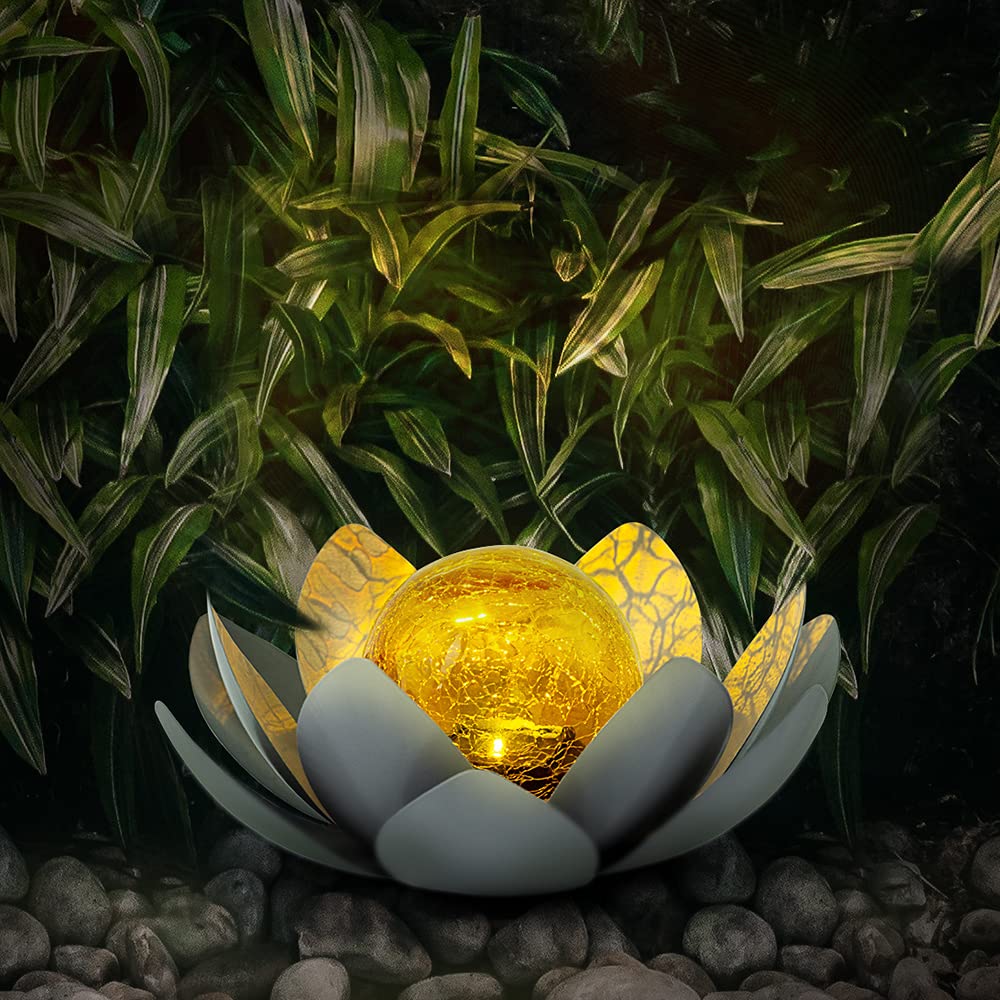Huaxu Garden Solar Light Outdoor, Amber Crackle Globe Glass Lotus Decoration, Waterproof Gray Metal LED Flower Lights for Patio,Lawn,Walkway,Tabletop,Ground…