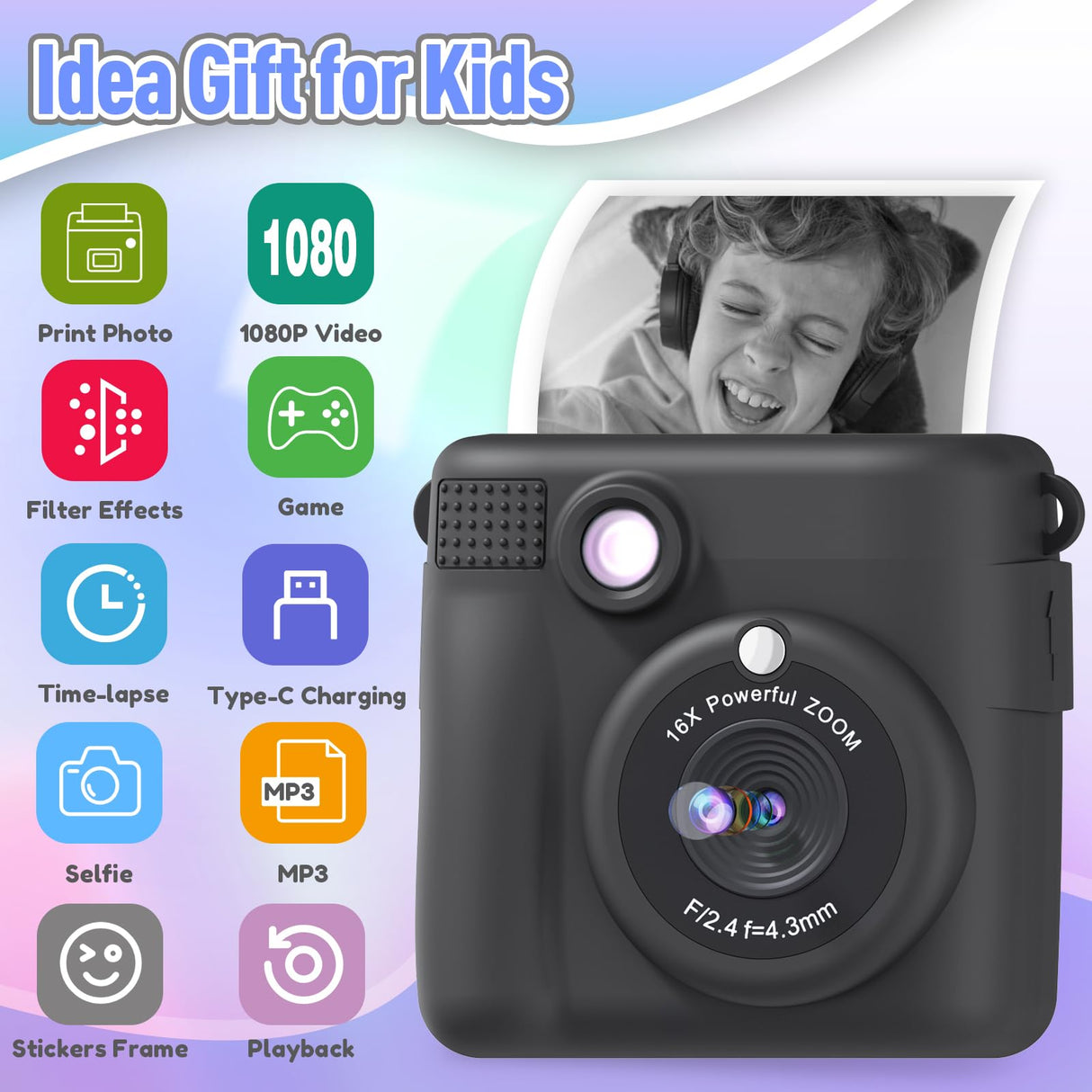 ESOXOFFORE Kids Camera Instant Print, Christmas Birthday Gifts for Kids Age 3-12, Selfie Digital Camera with 1080P Videos,Toddler Portable Travel Cameras Toy for 4 5 6 7 8 9 Year Old Boys Black