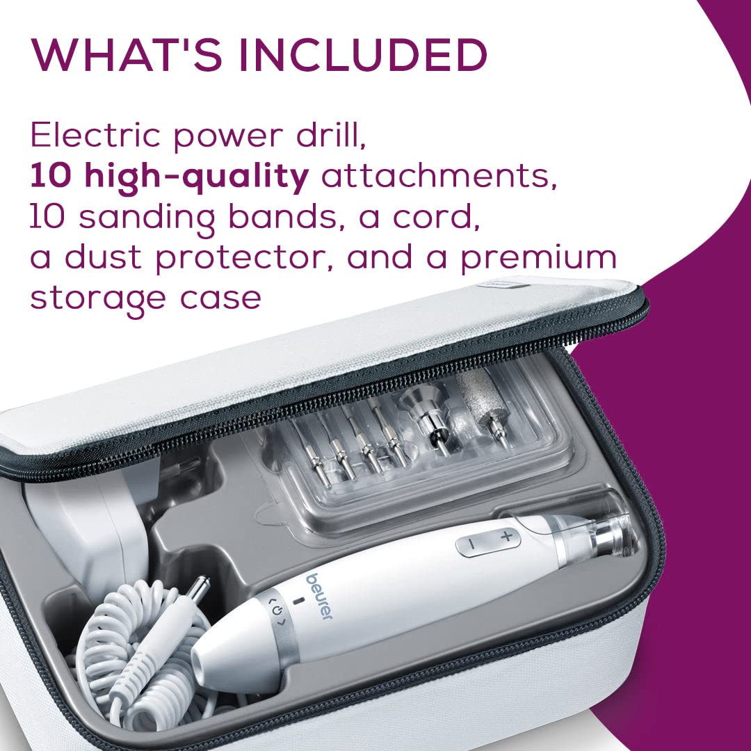 Beurer MP62 Professional Nail Drill Kit, Portable Electric File Machine with 10 Attachments & 10 Sanding Bands, Efile Dremel for Acrylic Gel Manicure and Pedicure, LED Light, with Storage Case