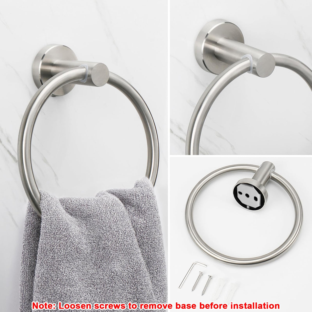 NearMoon Bath Towel Ring, Bathroom Hardware Accessories-Thicken Stainless Steel Hand Towel Holder for Bathroom, Modern Round Towel Hanger Wall Mounted (Brushed Nickel, 3 Pack)