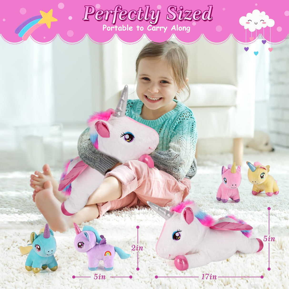 gnomantic 5 Pieces Unicorn Stuffed Animals - 1 Mommy Stuffed Unicorn with 4 Babies - Unicorns Gifts for Girls Ages 3 4 5 6 7 8, Unicorns Plush Toys for Christmas, Valentine's, Birthday Gifts (Pink)