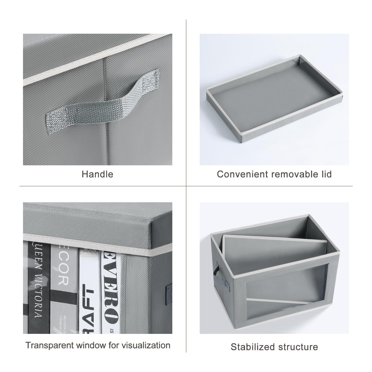 Homsorout Storage Bins with Lids - Fabric Closet Storage Bins with Window, Collapsible Baskets for Shelves 4 Pack, Home Decorative Boxes for Clothes, Closet, Office, Grey