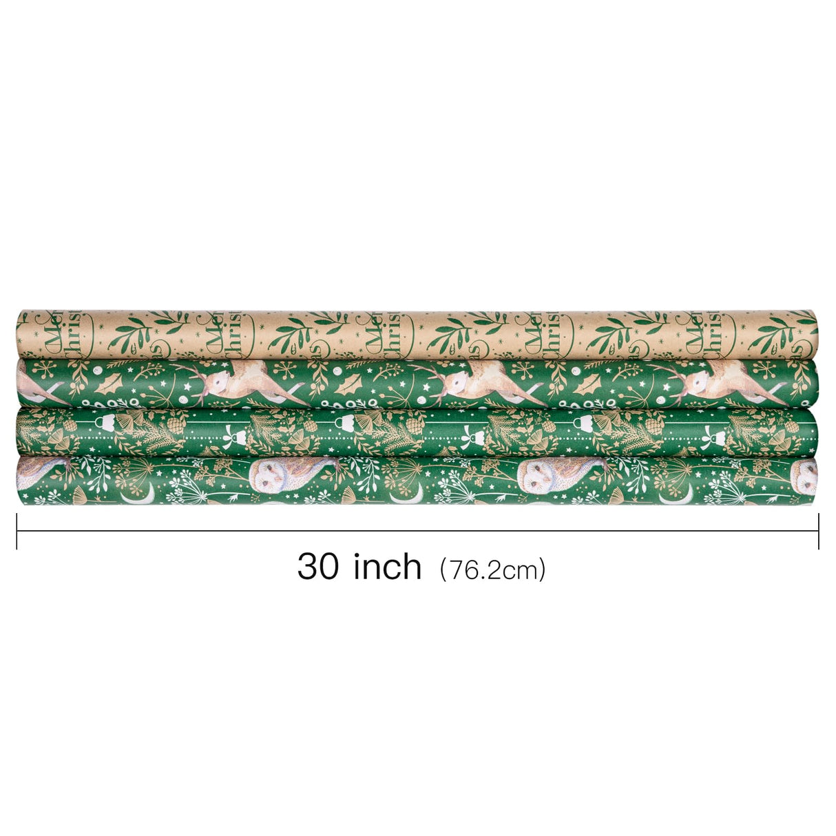 RUSPEPA Christmas Kraft Wrapping Paper - Owl, Reindeer, Christmas Ball and Text Design - 4 Rolls - 30 inches x 10 feet per Roll