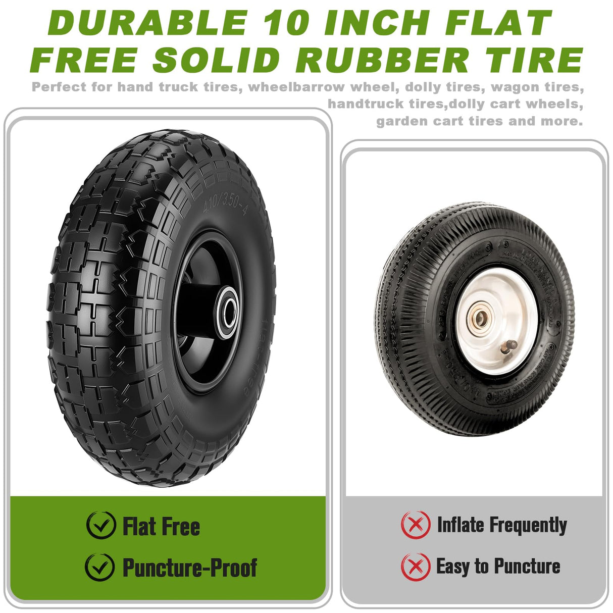 2 Pcs 4.10/3.50-4" Tire and Wheel Flat Free, 10 Inch Solid Rubber Tires with 5/8" Axle Bore Hole, 2.2" Offset Hub for Hand Truck, Wheelbarrow, Gorilla Cart, Garden Wagon Cart, Dolly, Utility Cart