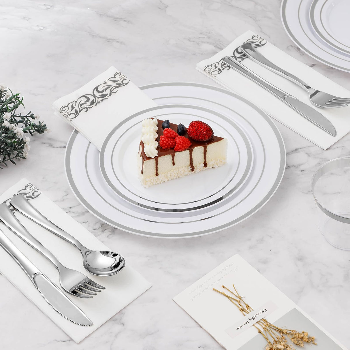 BESTVIP 100PCS 7 Inch Silver Plastic Dessert Plates, Disposable Plate with Silver Rim for Salad/Samll Cakes, Heavy Duty Plates for Party, Wedding and Birthday, Events, Christmas, Thanksgiving