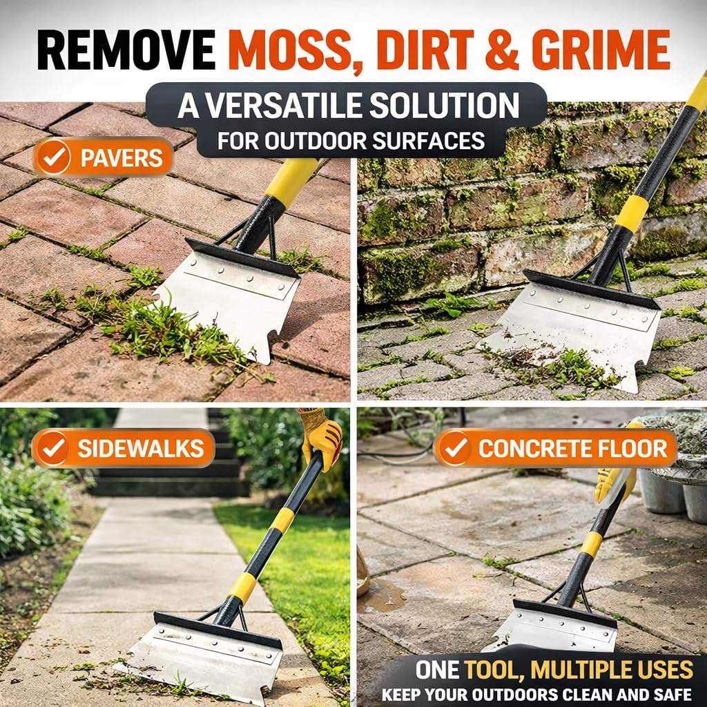 Weed Scraper Tool for Driveway Cracks, Long Handle Floor Scraper for Removing Weeds, Moss & Dirt, Heavy Duty Rustproof Metal Blade, Stand-Up Weeder for Sidewalk, Patio & Lawn Edging