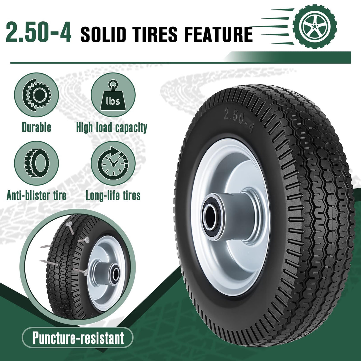 8-Inch Flat-free Tire and Wheel, 2.50-4 Solid Tire Replacement with 5/8 Bearings, 2.2" Offset Hub Compatible with Hand Truck, Garden Wagon, Trolley Dolly (2 Pack)