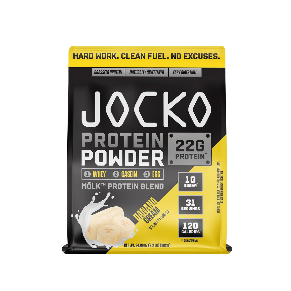 Jocko Fuel Mölk Whey Protein Powder 22g Low Sugar Monk Fruit Blend - Muscle Recovery & Growth, Packaging May Vary (31 Servings, Banana Cream)