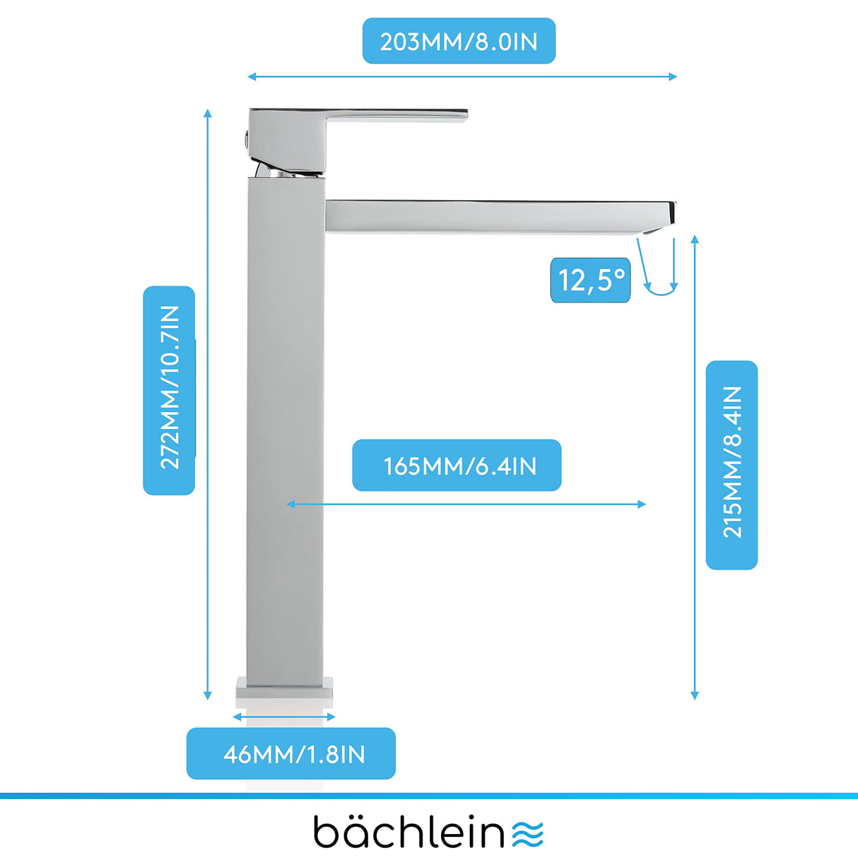 Bächlein High Faucet for Bathroom [Angular - Chrome] - Extra High Tap with 215mm Spout Height for Countertop Washbasin, Washbasin Water Tap High Spout