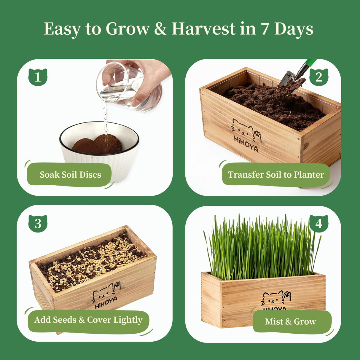 HiHOYA Cat Grass Kit for Indoor Cats - 5 Packets of Seeds, Cat Grass Planter Wooden Growing Kit, 5-Time Plant Starter Pack with 6 Soil Discs, Trimming Scissors, Spray Bottle, and Mini Tools