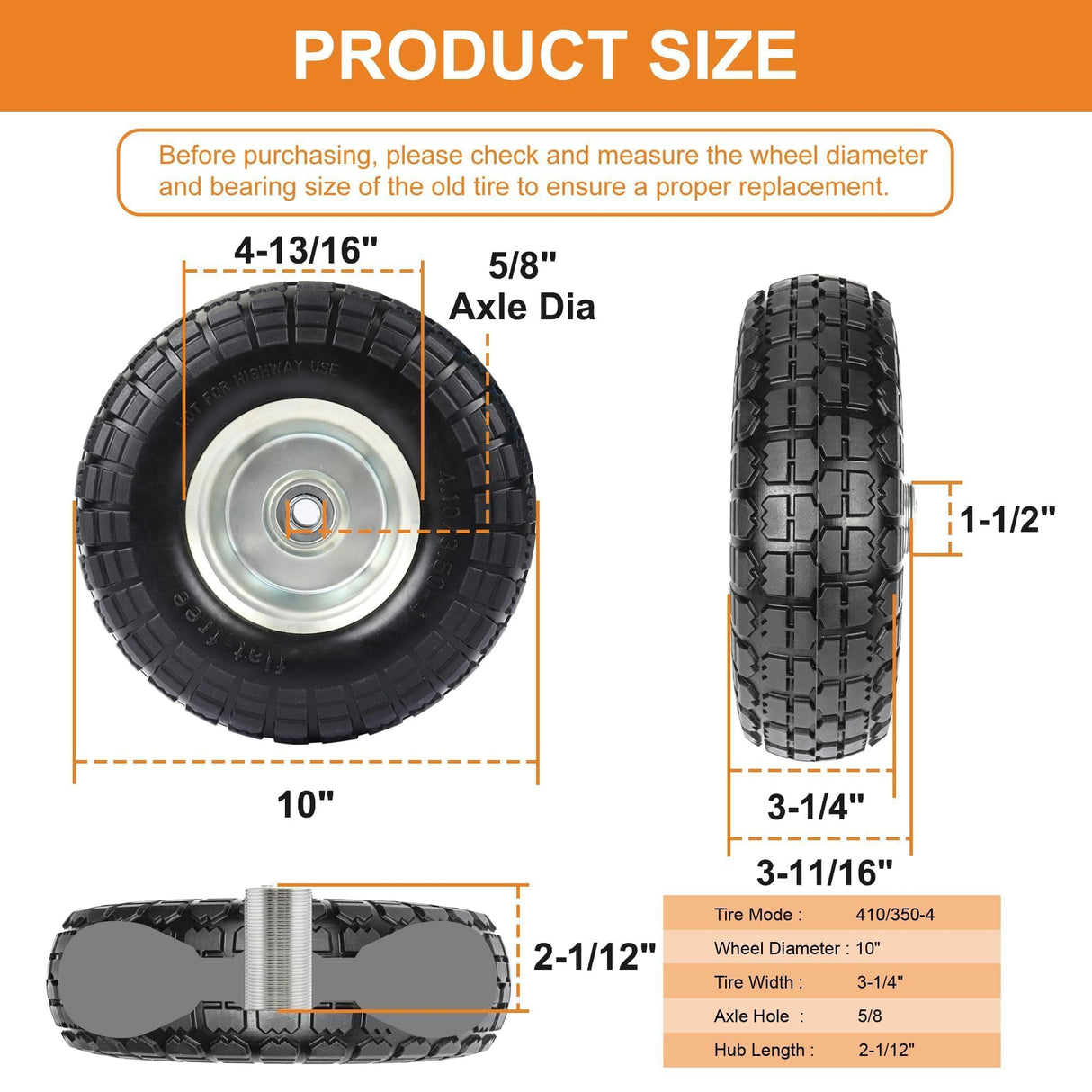 4.10/3.50-4 Tire and Dolly Wheel Flat Free - Solid Rubber Hand Truck Wheels 5/8" Axle - Gorilla Cart Tires Replacement for Garden, Wagon, Yard and Wheelbarrow (10 Inch 4 Pack)