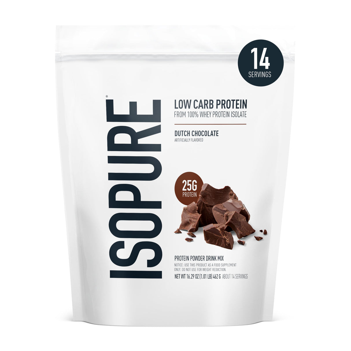 Isopure Low Carb 100% Pure Whey Isolate Protein Powder, Lactose Free, Gluten Free, With Vitamins, Dutch Chocolate, 25g Protein Per Serving, 1 Lb, 14 Servings (Packaging May Vary)