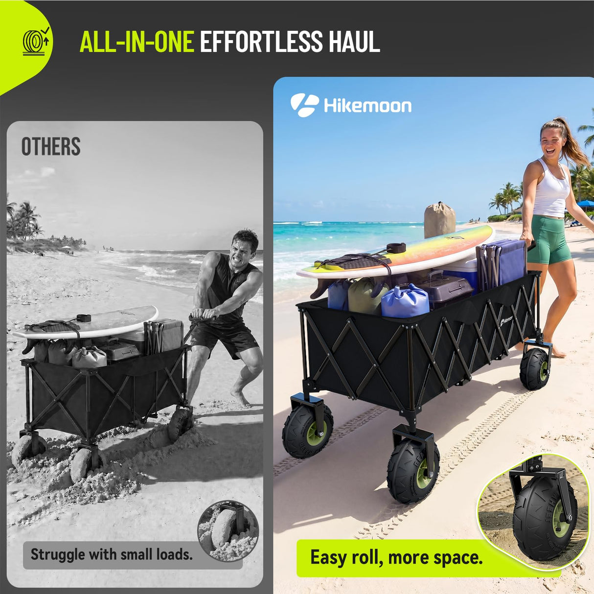 HIKEMOON 400L Large Beach Collapsible Wagon with Balloon Wheels, Black