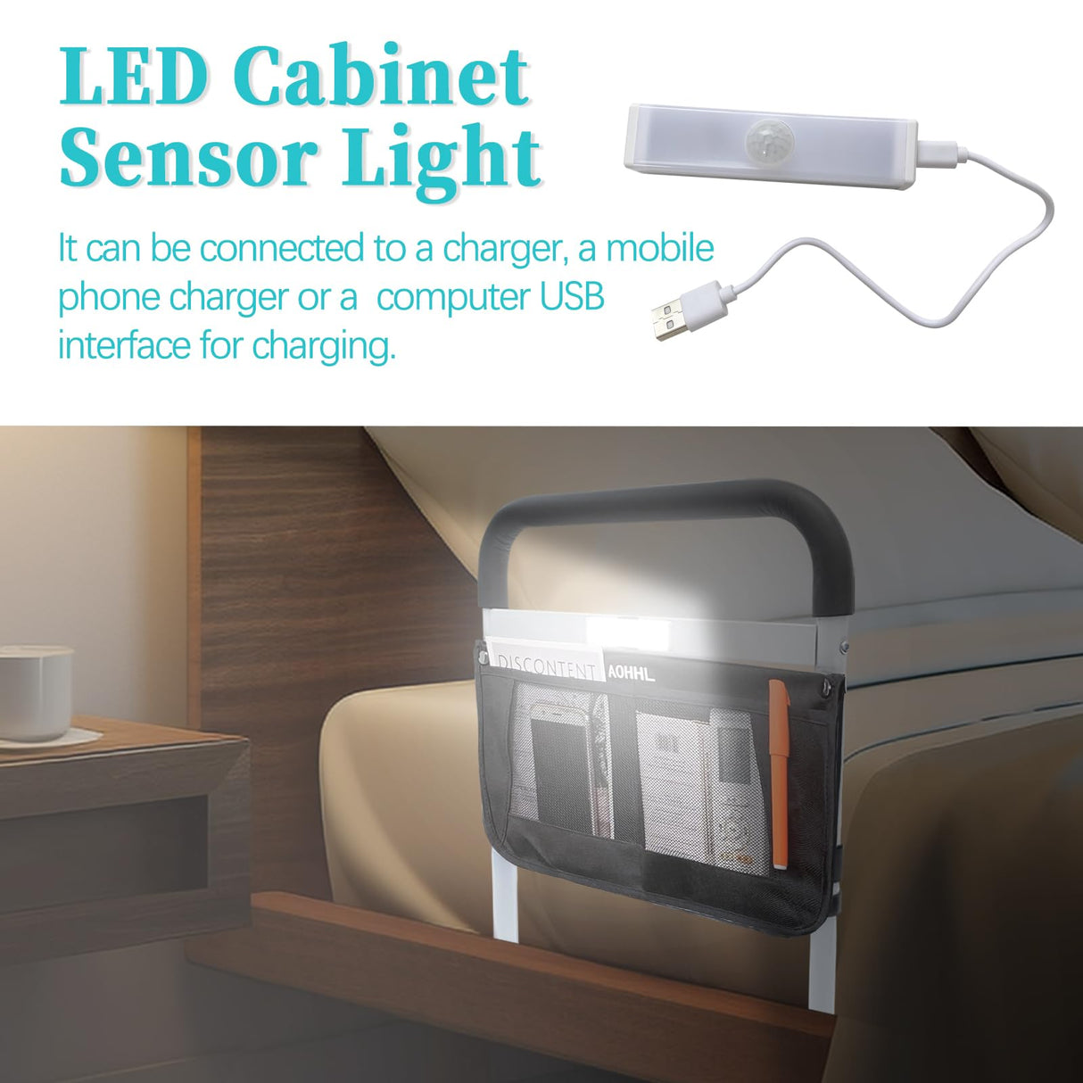 Bed Rails for Elderly Adults Safety with Adjustable Heights Storage Pocket Assist Support Side Railings Seniors Slides Under Mattressbed Cane Guard Bed Handles Bars (White (with Light))