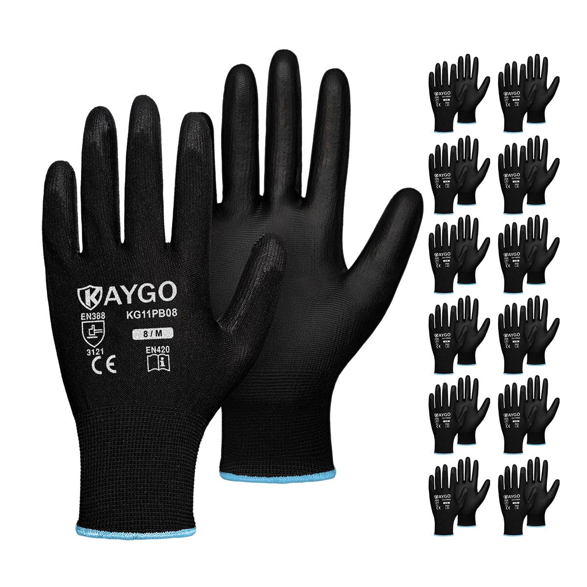 KAYGO Work Gloves for Men and Women,12 Pairs Seamless Knit PU Coated Safety Gloves, with Smooth Grip on Palm and Fingers, Ideal for Light Warehouse, Manufacturing, Gardening, KG11P (M, Black)