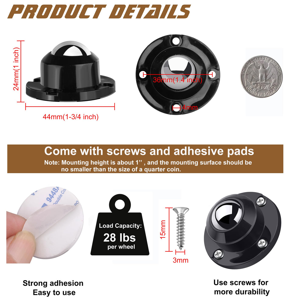 PlusRoc 8 Pack Self Adhesive Caster Wheels 1 Inch for Appliance Sliders Rollers, Load Capacity 28LBS Per Wheel, Low Profile Swivel Wheels for Furniture Storage Bins, Black