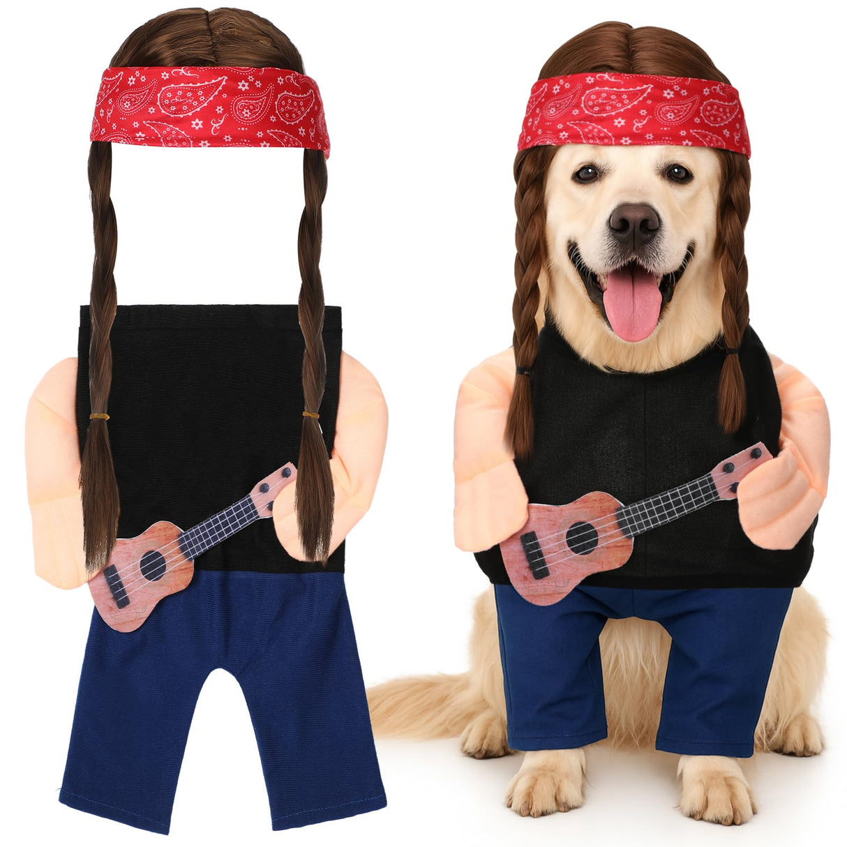 Huhumy Halloween Country Singer Dog Costume Pet Guitar Costume with Felt Funny Guitar Plush Arm Ponytail Wig for Small Medium Dogs Chihuahua Pug Christmas Party Halloween Cosplay Outfit(XL)